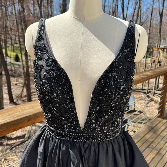 Sherri Hill Black Beaded Ruffle Tiered Prom Dress - Picture 4 of 9